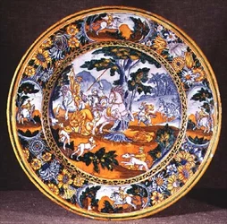 Nevers dish depicting a hunting scene adapted from two prints by Antonio Tempesta, c.1660